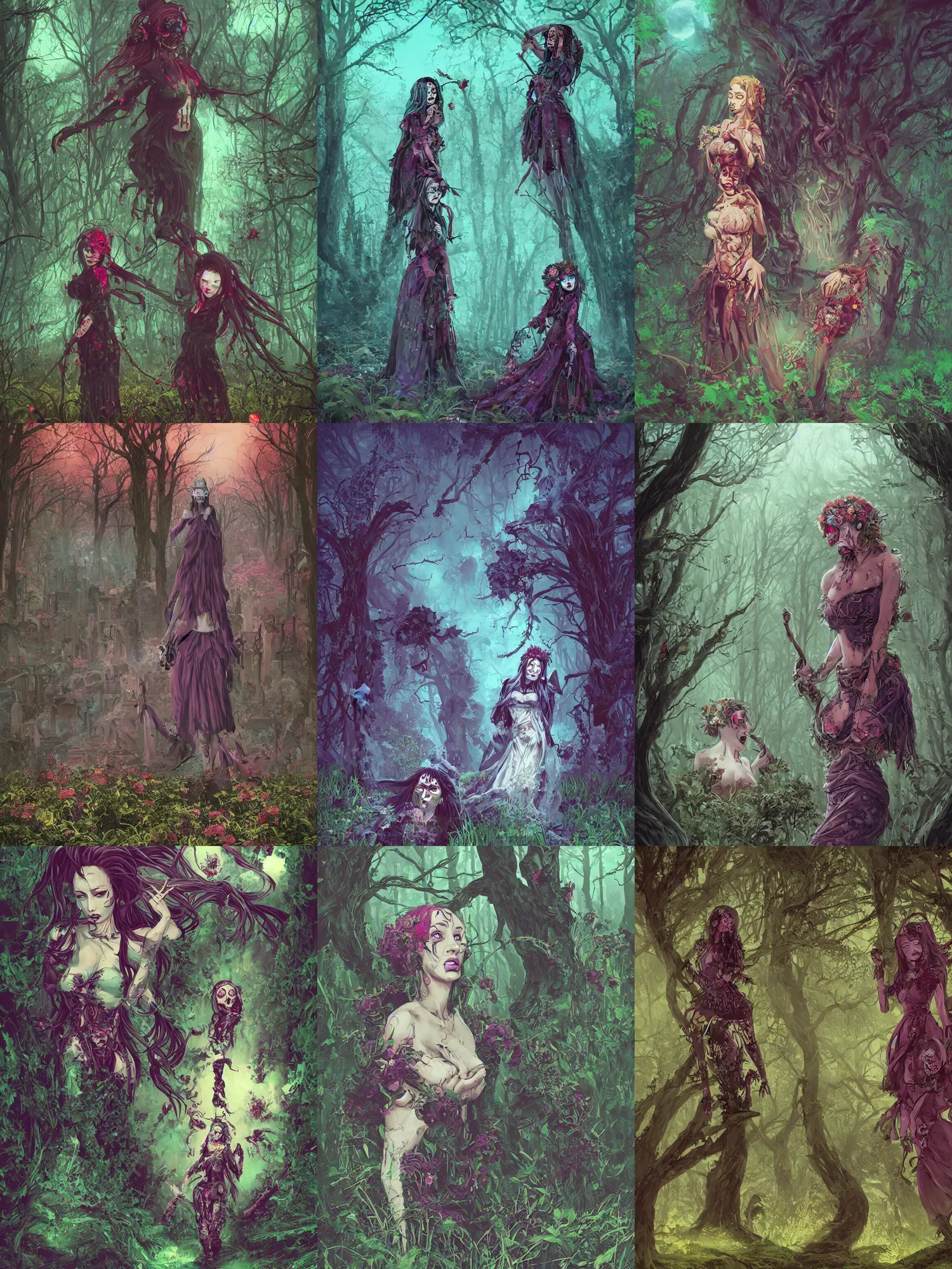 Prompt: beautiful woman, (((((Queen of the dead))))), (((shinigami))), (((highly saturated colors))), old cemetery, trees, creepers, full body shot, detailed illustration, digital art, overdetailed art, concept art,(((dan mumford))), Greg Rutkowski, trending on artstation