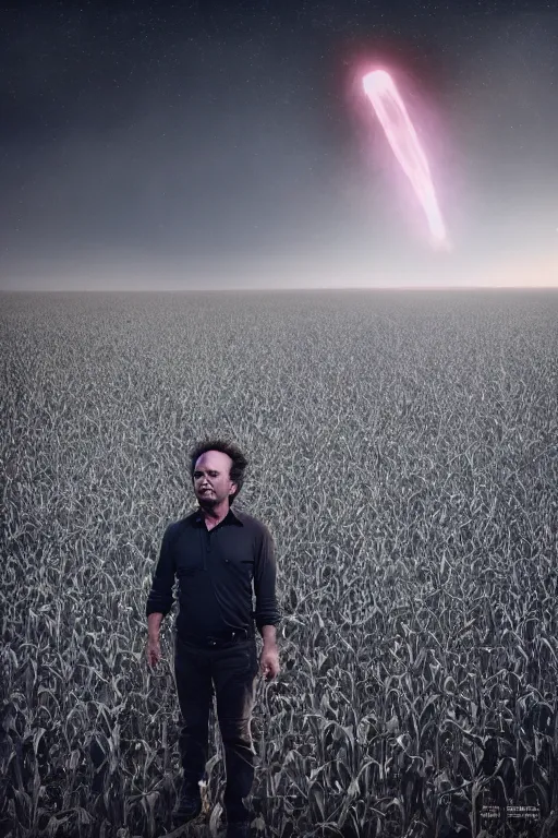 Image similar to Giorgio A. Tsoukalos abducted by aliens in a corn field,photo realistic,sci-fi,mistery,8k,unreal engine,octane render