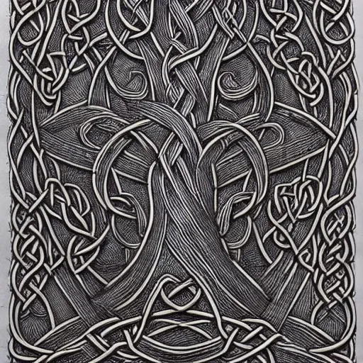 Image similar to Intricate and highly detailed Celtic Knotwork etched in an ancient tree, intricate, highly detailed, fullbody, artstation, dark fantasy, concept art, smooth, sharp focus, illustration, art by greg rutkowski and orientalism and bouguereau and Zdzislaw Beksinski, good clear quality, lighting, biology, symmetrical artwork, 135 mm, cinematic, hyper realism, high detail, octane render, 8k, chrome accents