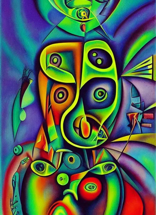 Prompt: “A surreal neon painting of a shaman futuristic picasso by hr giger and Vladimir kush and dali and kandinsky, 3d, realistic shading, complimentary colors, vivid neon colors, aesthetically pleasing composition, masterpiece, 4k, 8k, ultra realistic, super realistic”