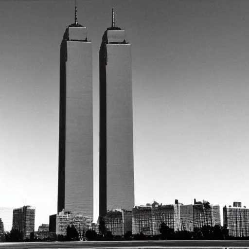 Image similar to sideways Twin Towers collapse horizontally in the cloudless Tuesday sky