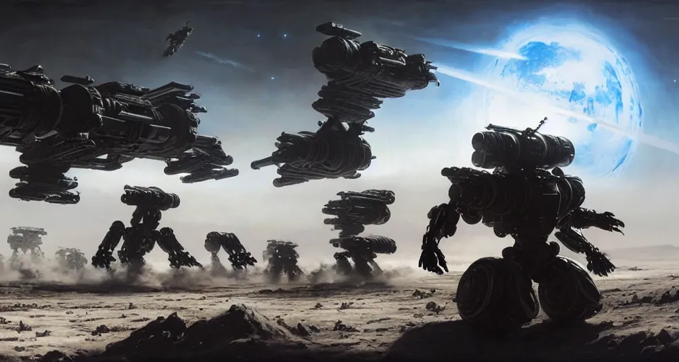 Prompt: hyper realistic sci - fi matte concept art painting of dramatic cinematic battle scene between humanoid battlemechs fighting on the moon, guns, missiles, explosions, beautiful details, strong composition painted by kim jung guweta studio rutkowski, james gurney and greg rutkowski, and lucasfilm, smooth, intricate, detailed, sharp focus, cinematic