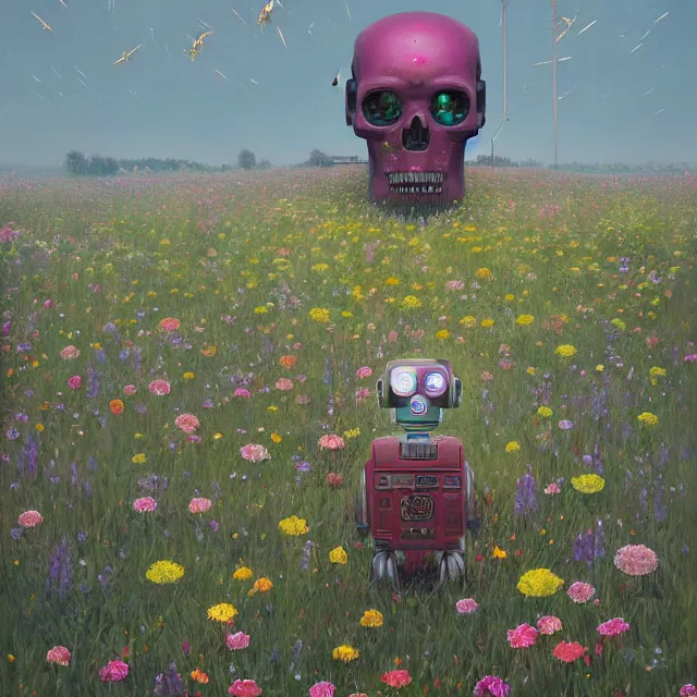 Image similar to a beautiful portrait painting of a cyberpunk robot skull in a field of flowers by simon stalenhag