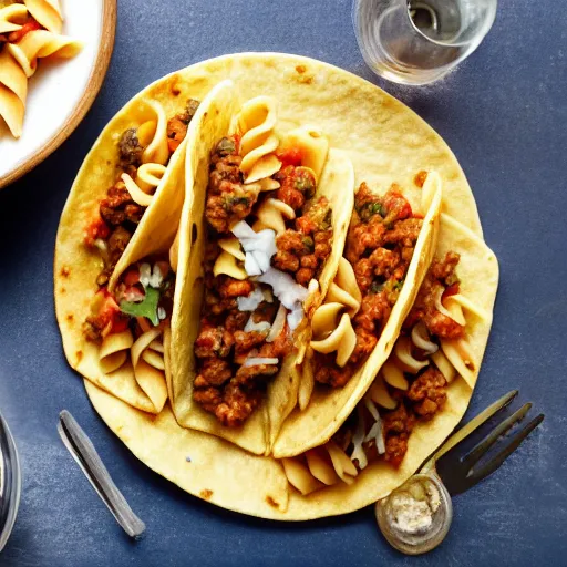 Image similar to a photograph of sausage pasta tacos