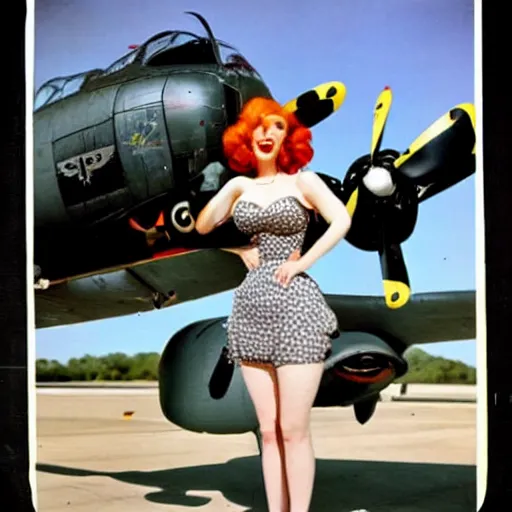 Prompt: Christina Hendricks as a pinup girl painted on the side of a B-25 bomber. Vintage color photograph, WWII, aircraft nose art