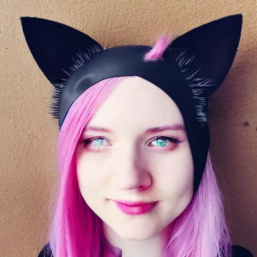 Prompt: a pale girl with pink hair and cat ears, bang covering one eye