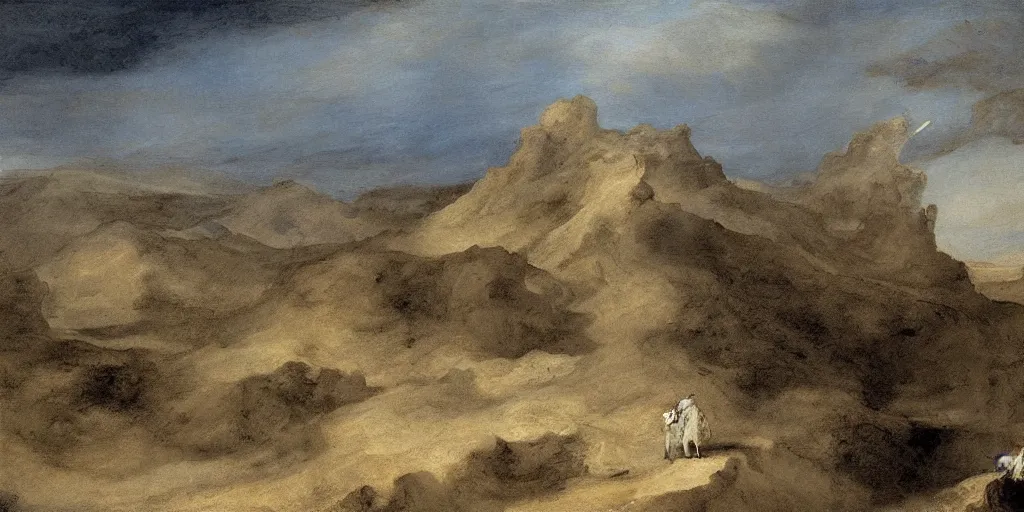 Prompt: hyper detailed painting of with tiny pumpjacksblue covering expansive empty parched hilly plains, by francisco goya and rembrandt