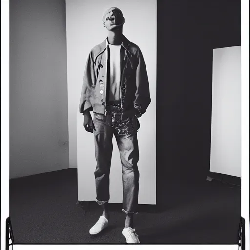 Image similar to realistic photoshooting for a new balenciaga lookbook, color film photography, portrait of a blonde european model, in style of tyler mitchell, 3 5 mm,