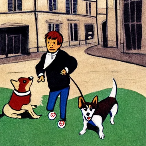 Image similar to book illustration of a french boy on the streets of paris playing football against a corgi, the dog is wearing a polka dot scarf, 1 9 6 6