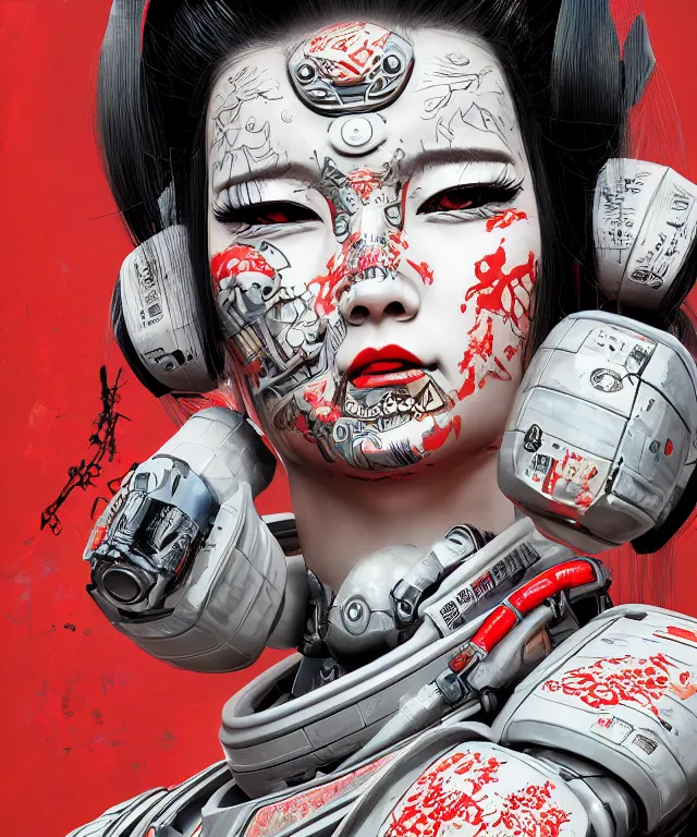 Prompt: an epic fantastic realism comic book style portrait painting of a japanese robotic geisha with kanji tattoos and decals, apex legends, octane render, intricate detail, 4 k hd,