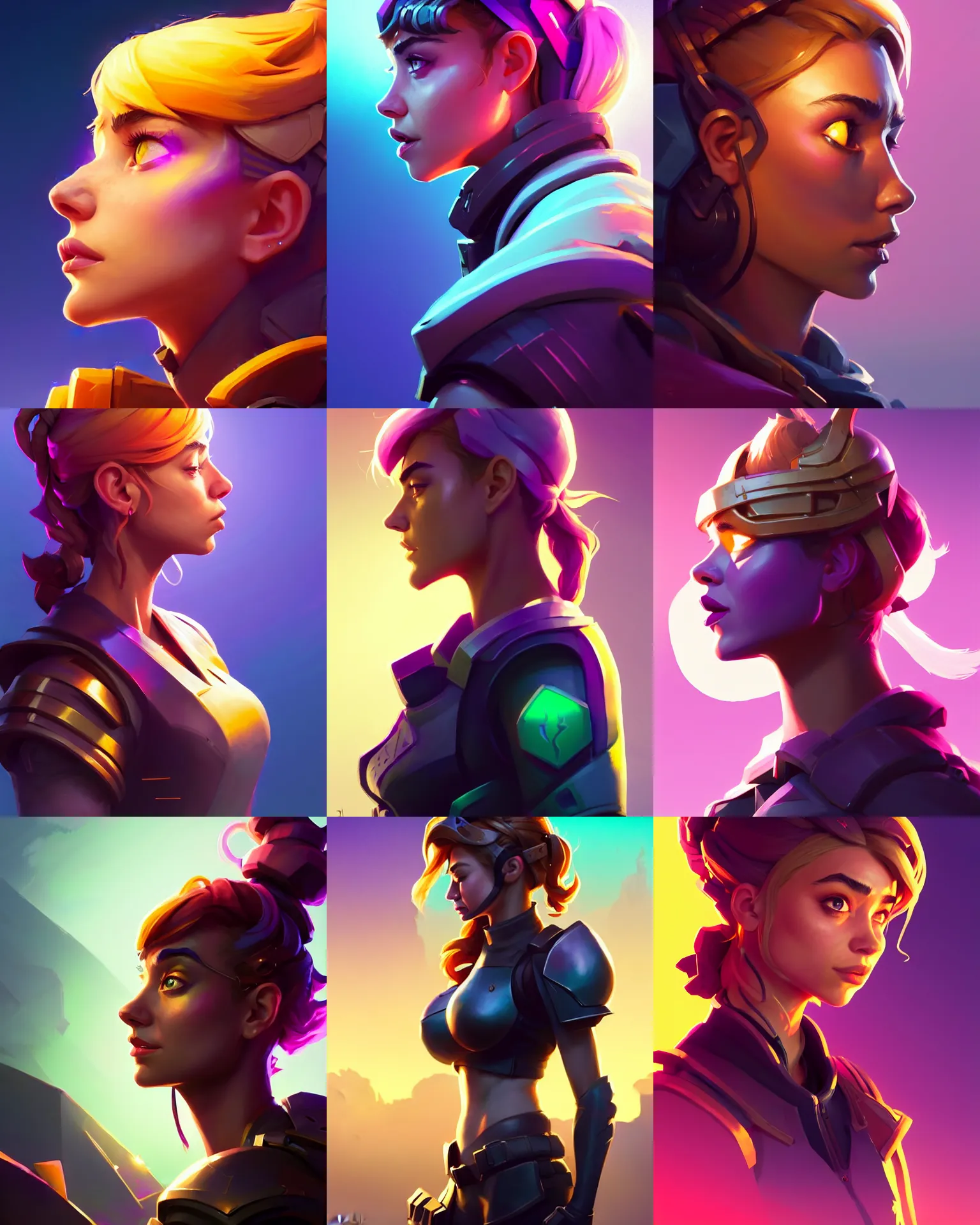 Prompt: side - profile rendered portrait, imogen poots as a fortnite paladin character, bright backlit, key lighting, smooth, gaudy colors, octane render aesthetic, dota matte painting concept art, official fanart behance hd artstation by jesper ejsing, by rhads and lois van baarle and ilya kuvshinov and rossdraws