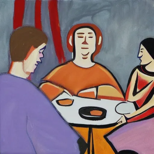 Image similar to The painting depicts two people, a man and a woman, sitting at a table. The man is looking at the woman with a facial expression that indicates he is interested in her. The woman is looking at the man with a facial expression that indicates she is not interested in him. There is a lamp on the table between them. by Emily Kame Kngwarreye, by Diego Dayer perspective