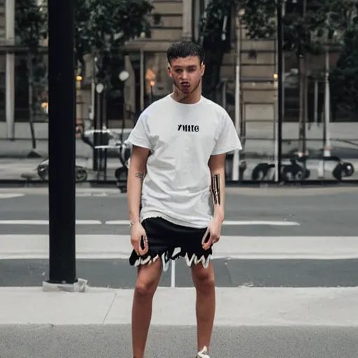 Image similar to person wearing'off - white'long t shirt and shorts with a different color stylish, hd, full body