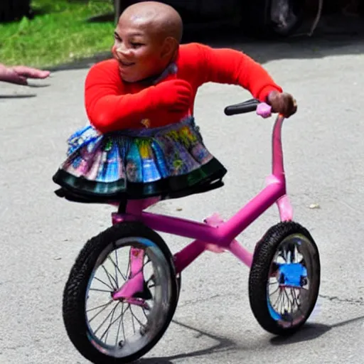 Prompt: mike tyson riding a tiny small clown bike