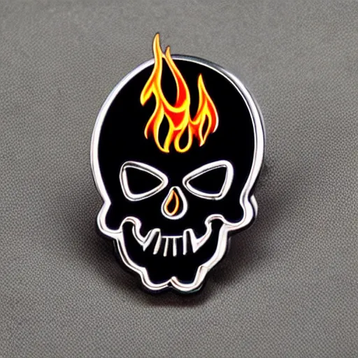 Prompt: retro minimalistic menacing clean skull and bones with fire flame enamel pin