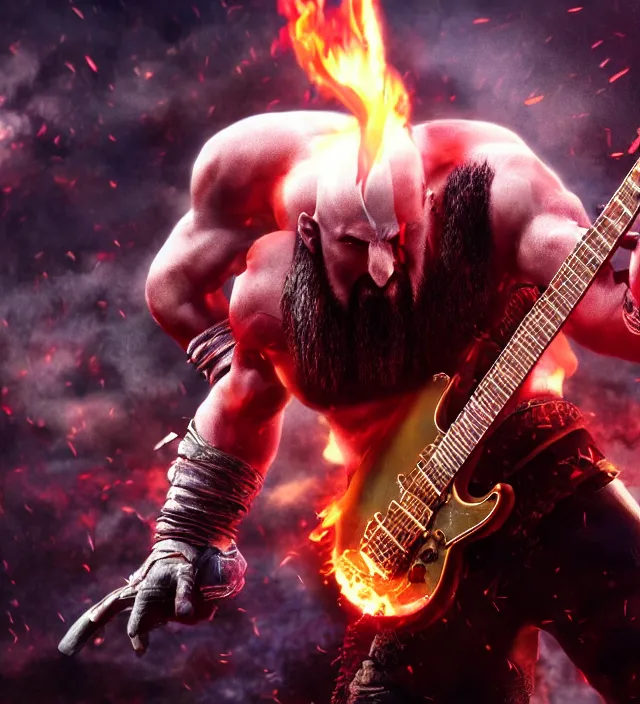 Image similar to kratos shredding on a flaming stratocaster guitar, cinematic render, god of war 2 0 1 8, santa monica studio official media, lightning, stripe over eye