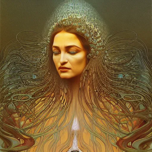 Prompt: queen of jupiter by zdzisław beksinski, zaha hadid and alphonse mucha. highly detailed, hyper - real, beautiful, fractal details, complex