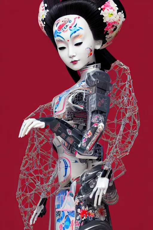 Image similar to full body portrait of a generative design exoskeleton Japanese robot geisha with kanji tattoos and decals wearing a digital pixelated kimono, intricate design, photorealistic, octane render, raytraced, ultra fine detailed, character design, trending on artstation