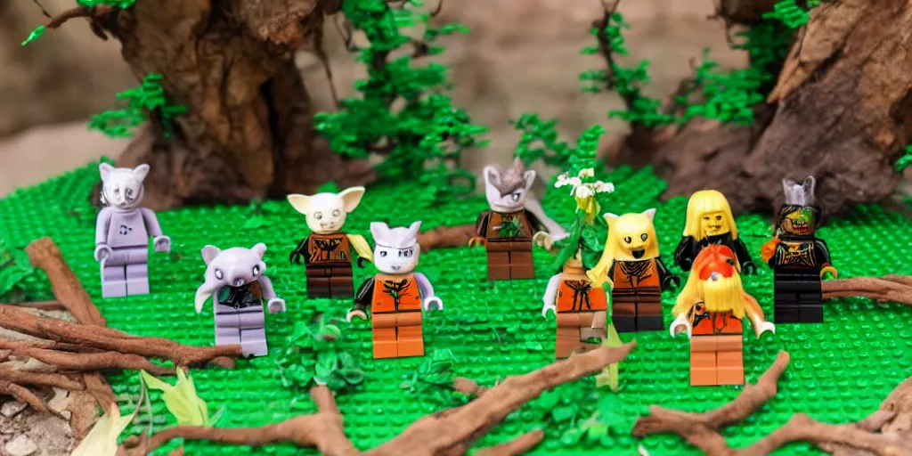 Prompt: lego mini build of forest creatures that live in the imagination forest, cute looking, kawaii, sharp focus, character sheet, game concept art