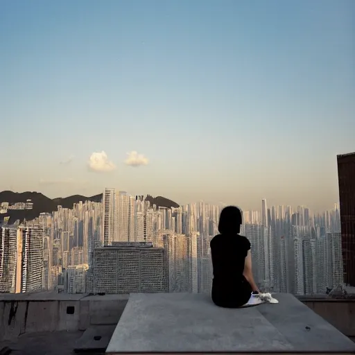 Image similar to a small rooftop with a couple of people sitting and watching the view, wearing black modern clothes, designed by rick owens, messy short hair, modern hong kong is on the background, sunset, pale colors, by gregory crewdson