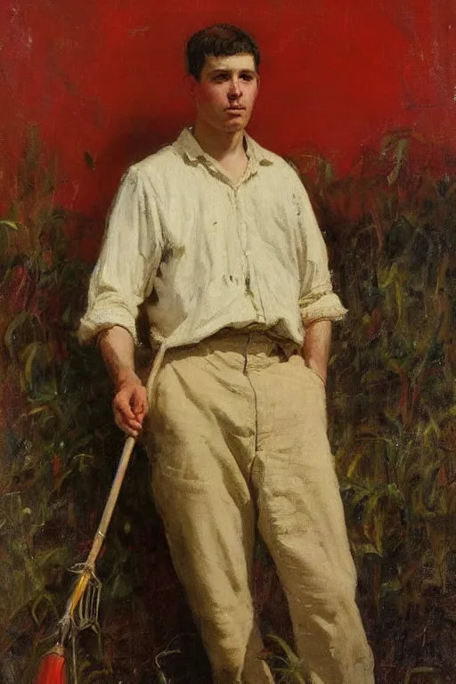 Prompt: Solomon Joseph Solomon and Richard Schmid and Jeremy Lipking victorian genre painting full length portrait painting of a young man going fishing, red background