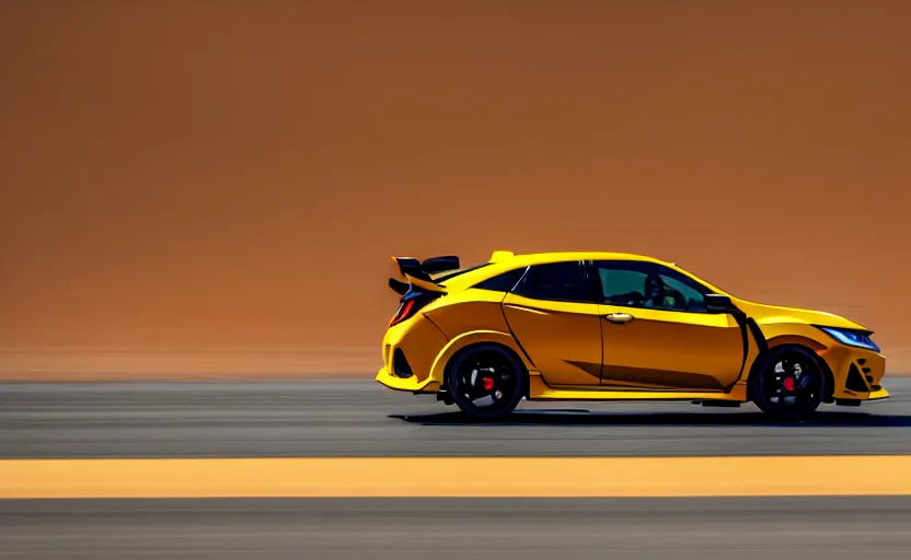 Image similar to photograph of a cell-shaded orange yellow Honda Civic EK9 Type-R, speeding on a desert road with a futuristic city in the horizon, kicking up dirt, action shot, sigma 85mm f/1.4, 4k, depth of field, high resolution, 4k, 8k, hd, full color