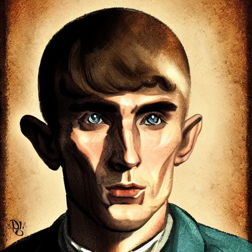 Prompt: Thomas Shelby as a half-elf from D&D, digital art, portrait