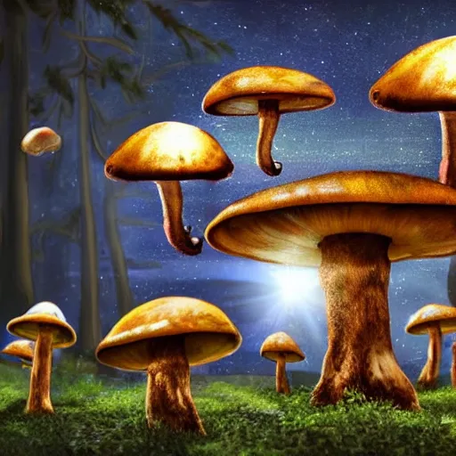 Prompt: Aliens in the shape of mushrooms being harvested by hippies in the woods, with UFO flying around, realistic