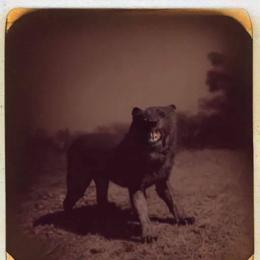 Prompt: old polaroid depicting a hellhound with white eyes and long sharp teeth, at a clearing, at dusk