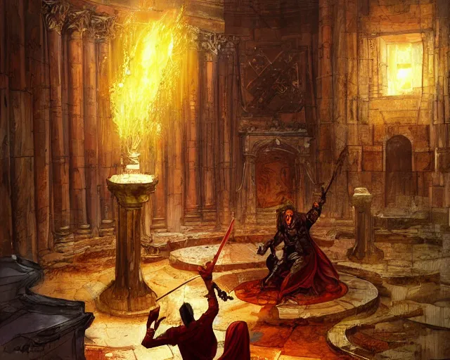 Image similar to a high fantasy warlock creating spells in the pantheon, artwork by marc simonetti