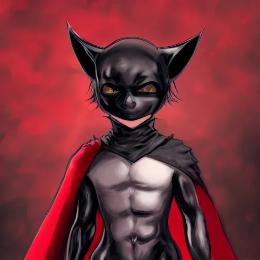 Image similar to little boy with cat ears in an black latex suit with red cape. digital artwork made by lois van baarle and kentaro miura, sharpness focus, anatomically correct, heroic composition, hero pose