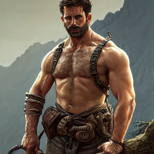 Prompt: portrait of a rugged ranger, coherent hands, handsome, muscular, upper body, leather, hairy torso, d & d, fantasy, intricate, elegant, highly detailed, digital painting, artstation, concept art, smooth, sharp focus, illustration, art by artgerm and greg rutkowski and alphonse mucha