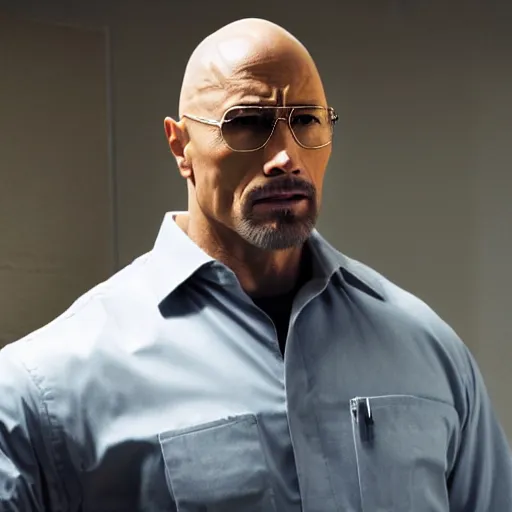 Image similar to Dwayne The Rock Johnson as Walter White in 'Breaking Bad' (2012), movie still frame, oscar nominated cinematography, volumetric lighting, 8k resolution, beautiful composition