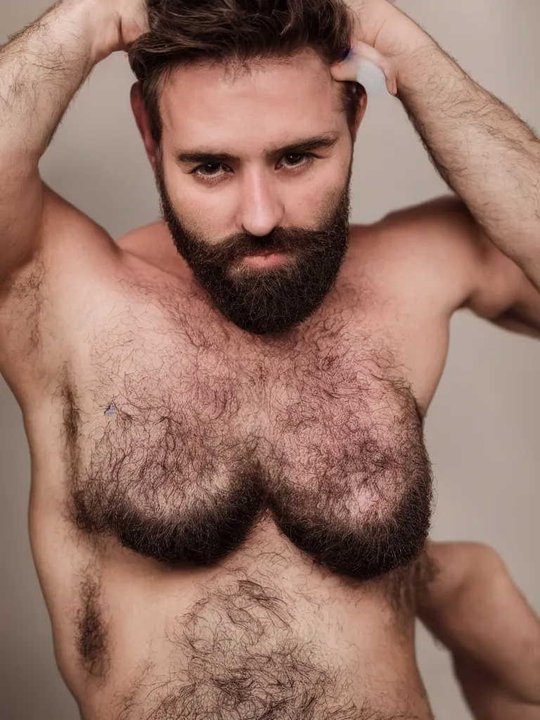 Prompt: sexy man with dad bod, beard, and hairy chest, 8k resolution