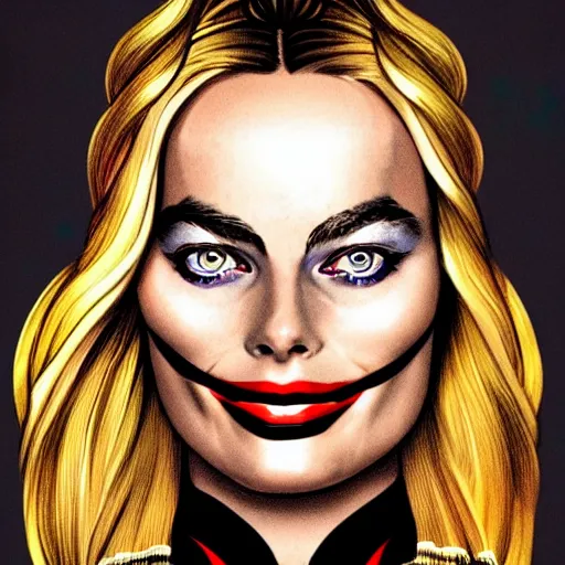 Image similar to goddess Margot Robbie, style of Rafeal Albuquerque comic book art, gold and white eyes, symmetrical face, symmetrical eyes, scary smile