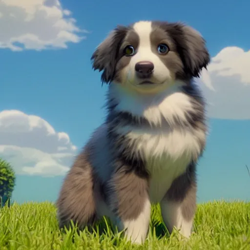 Image similar to a wholesome animation key shot of a blue merle australian shepherd puppy, studio ghibli, pixar and disney animation, sharp, rendered in unreal engine 5, anime key art by greg rutkowski, bloom, dramatic lighting