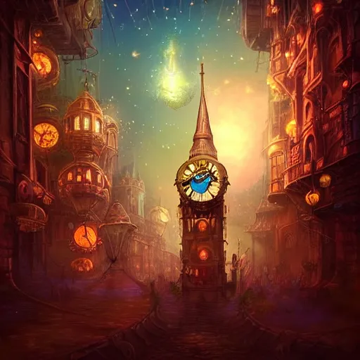 Image similar to a beautiful stunning fantasy whimsical matte digital illustration of a scene of a steampunk hot - air balloon over a lit steampunk!! city at night by marc simonetti, pastel color palette, disney magic the gathering steampunk!!!, chiaroscuro magical! bokeh moon stars dramatic romantic! epic breathtaking, clock tower,, trending on artstation hq, masterpiece