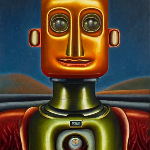 Prompt: super - intelligent robot with kind eyes portrait, pj crook, grant wood, oil on canvas
