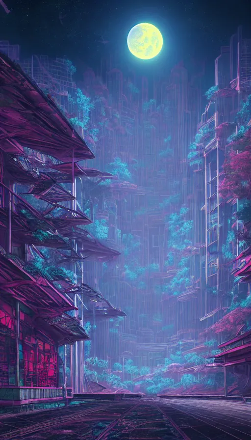 Image similar to reclaimed by nature by moon hoon, darkacademia atlantis cosmic san andreas at dawn neon signs tokyo synthwave universe, archdaily, wallpaper, highly detailed, trending on artstation.