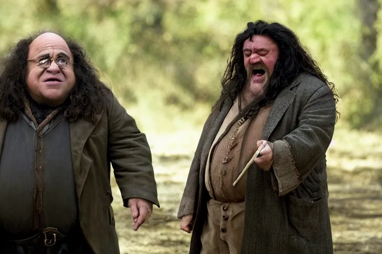 Prompt: film still Danny Devito as Hagrid in Harry Potter movie