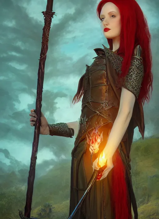 Image similar to beautiful elf witch red hair, holding a magic staff, d & d fantasy character, detailed matte painting, studio lighting, octane render, larry elmore michael whelan