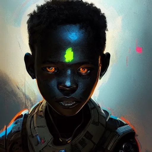 Image similar to a dark and ominous african child soldier with glowing eyes and a half robot face, Apex Legends character digital illustration portrait design, by android jones and greg rutkowski in a cyberpunk voodoo style, detailed, cinematic lighting, wide angle action dynamic portrait