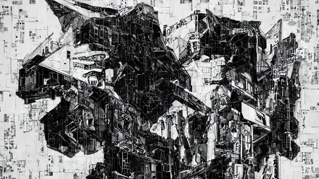 Prompt: abstract dystopian collage street art painting collage architectural elevation gundam mech drawing black and white mixed media by hiroki tsukuda