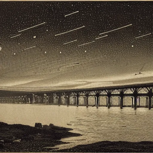 Image similar to The print shows a group of flying islands, each with its own unique landscape, floating in the night sky. The islands are connected by a network of bridges, and a small group of people can be seen walking along one of the bridges. by Franklin Booth artificial, melancholic