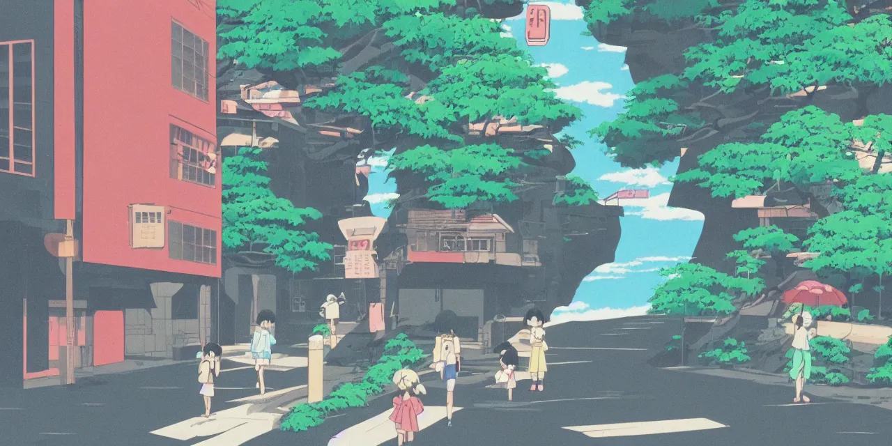 Image similar to A cute aesthetic still frame from an 80's or 90's anime, minimal street in Japan with a waterfall