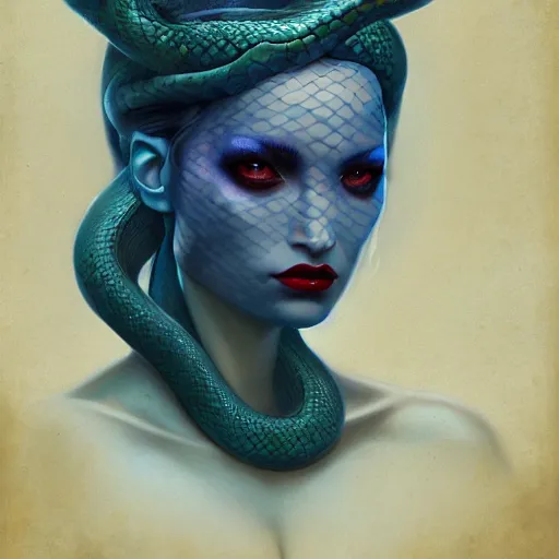 Prompt: princess of snakes, crown of snakes, full face, blue skin, by Anato Finnstark, Tom Bagshaw, Brom