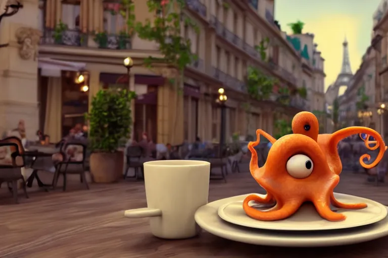 Prompt: Funny little octopus crawling out from a cup of coffee in beautiful morning café in Paris. Pixar Disney 4K 3d render funny animation movie Oscar winning trending on ArtStation and Behance. Ratatouille style.