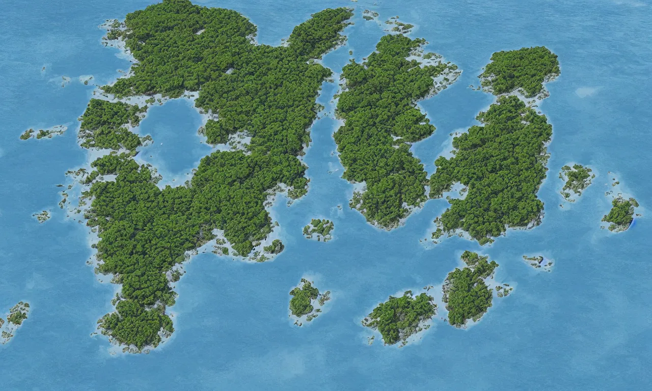 Image similar to sea-level view of archipelago of small islands interconnected by high speed rails, digital art, 3d, illustration