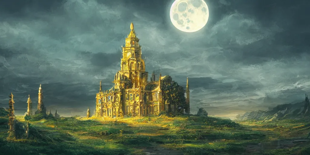 Image similar to The great intricate marble and golden wizards tower, painted landscape, green fields in the background, moody lighting, moon in the night sky, sharp image, 4k, artstation, colorful digital art