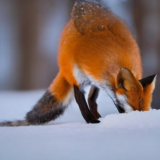 Image similar to mouse mixed with a fox searching for food in the snow, macro shot, soft light of winter, award winning photo, national geographic,